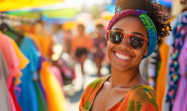 Woman smiling while shopping for clothes outside